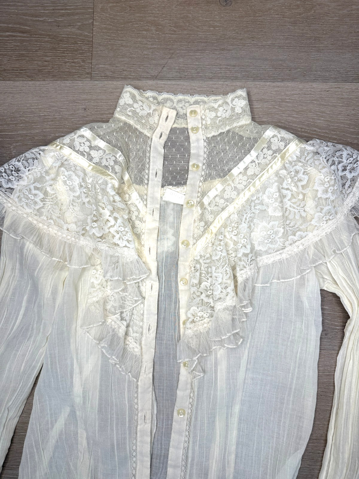 VTG 70s Gunne Sax Style High Neck Victorian Prairie Blouse Lace Ruffle/No Tag