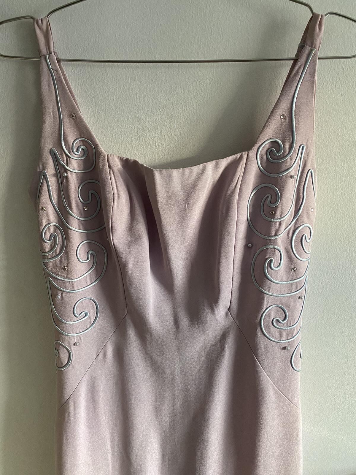 VTG Handmade Column Dress Lavender Built In Strapless Bra Rhinestone Detail S