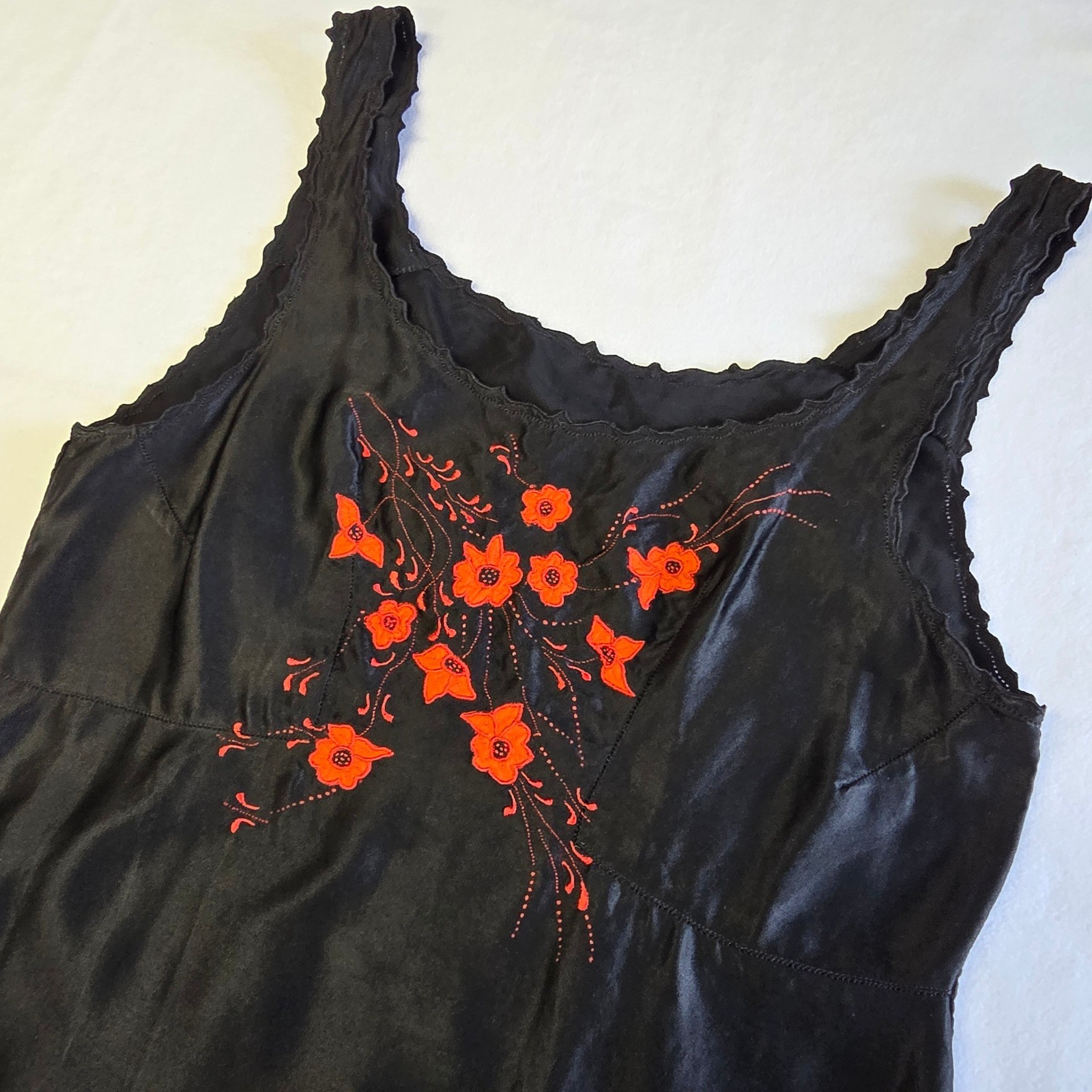 Vintage Black Satin Floral Embroidered Satin Slip Dress Red Flowers Oriental