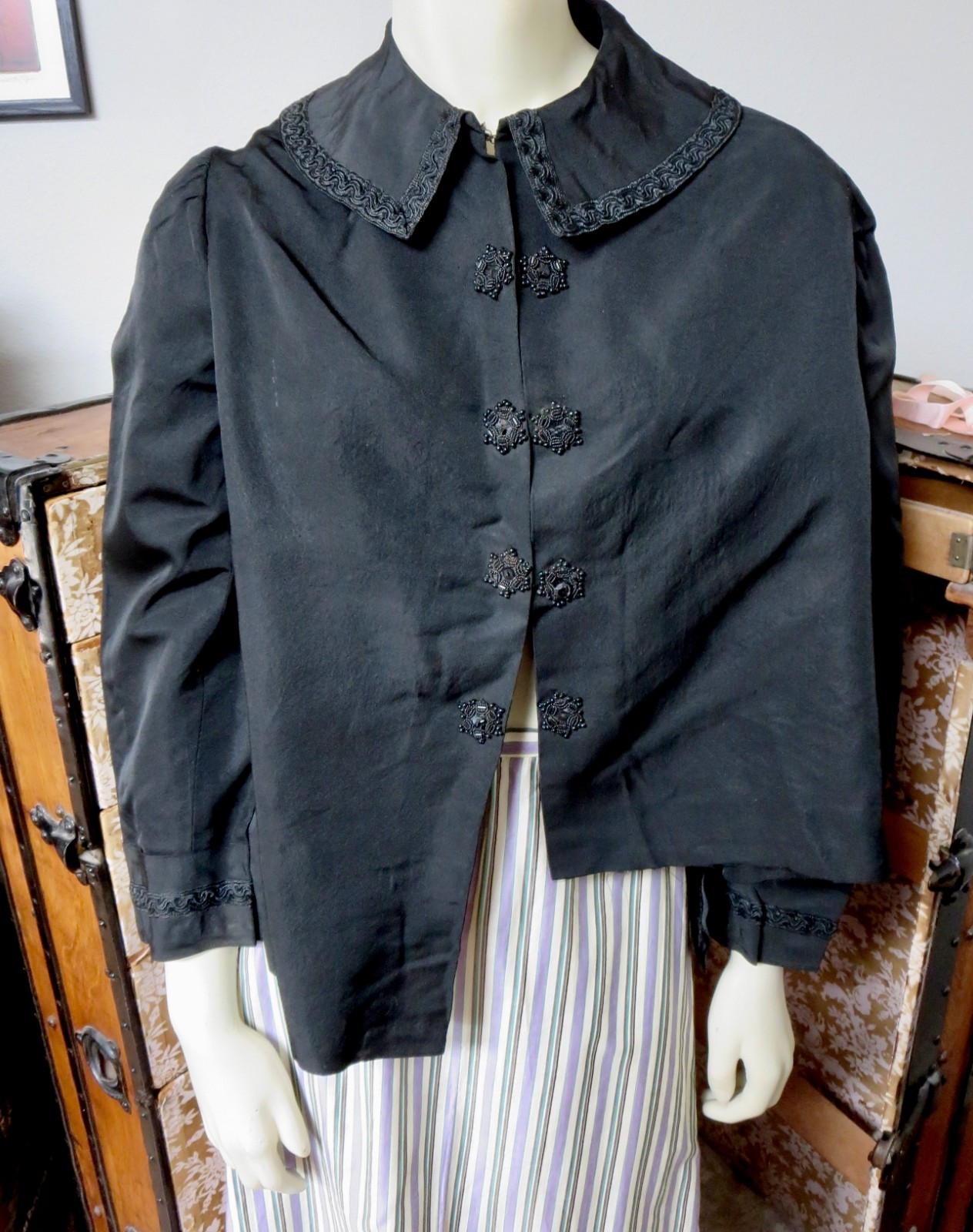 1900 Black Silk Jacket Black Silk Trim & Beaded Embellishment down front AS IS