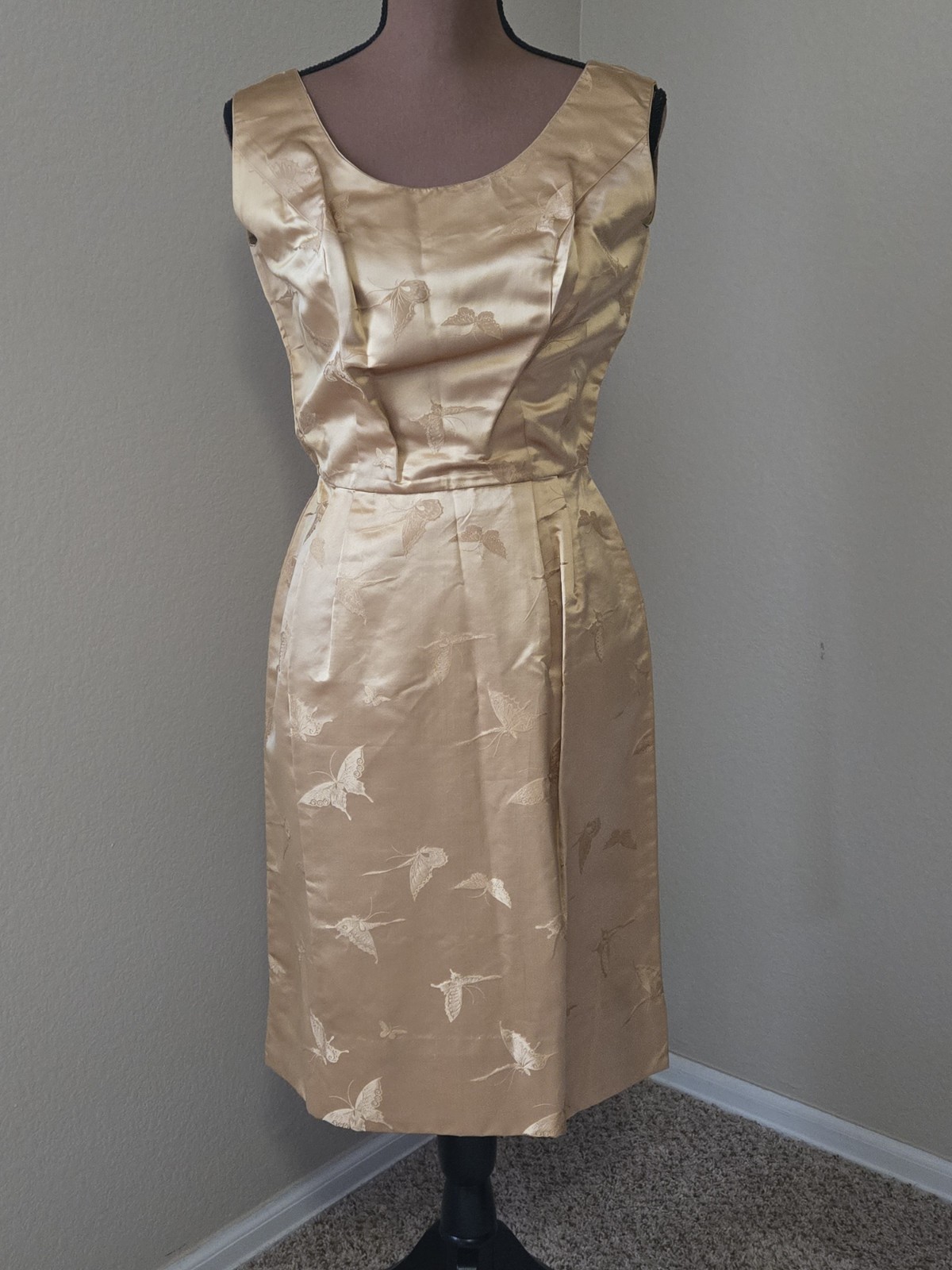 Dynasty Hong Kong Silk Sheath Dress Jacket Butterfly Sz 12 Gold Elegant MCM