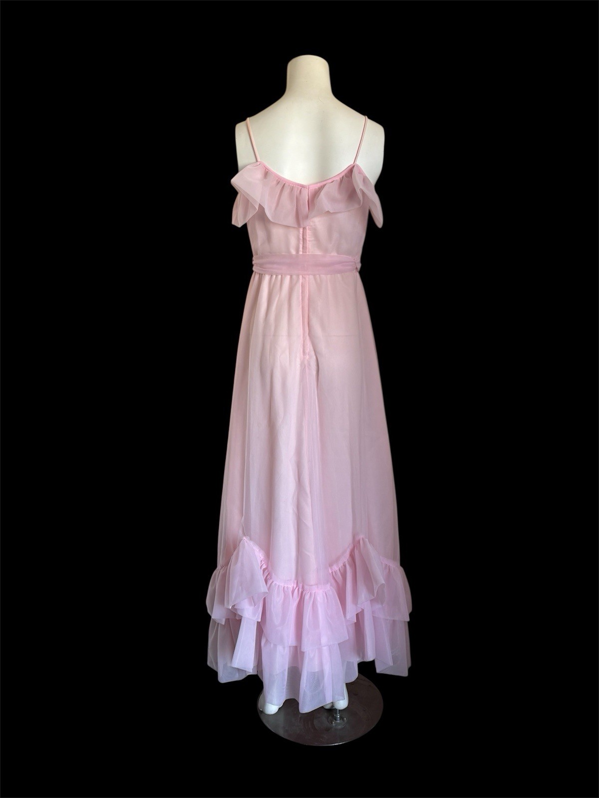 Vintage 1970&rsquo;s Light Pink Chiffon Ruffle Floor Length Gown S-M Prom Formal