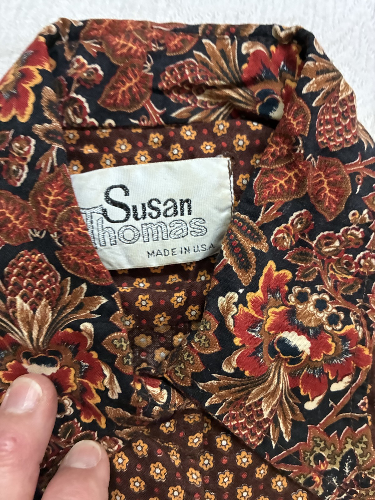 1970s Disco Mod Brown Cotton Blouse Shirt Susan Thomas Dagger Collar Floral S