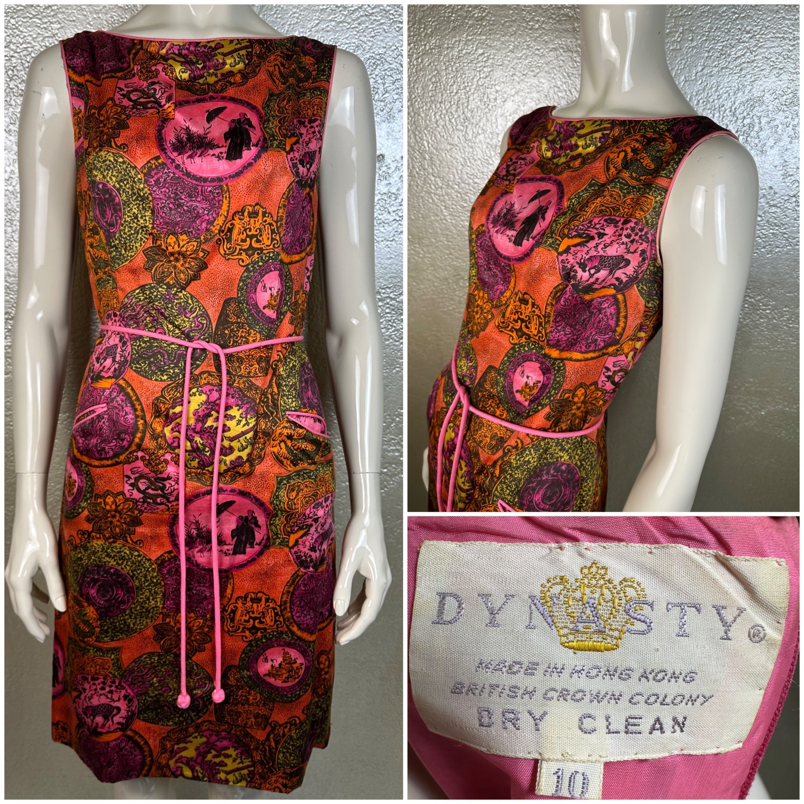 Vintage 1960s DYNASTY HONG KONG Multi-Color Silk Sleeveless Dress MOD Boho S