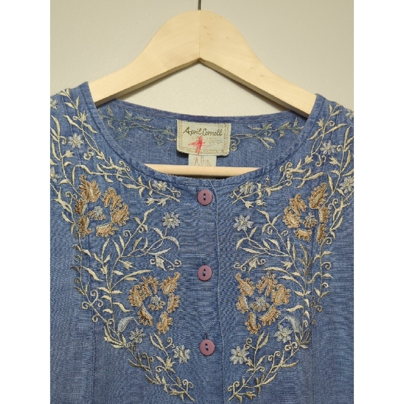 Vtg 90s April Cornell Chambray Blue Button Front Midi Dress Cottage Modest Boho