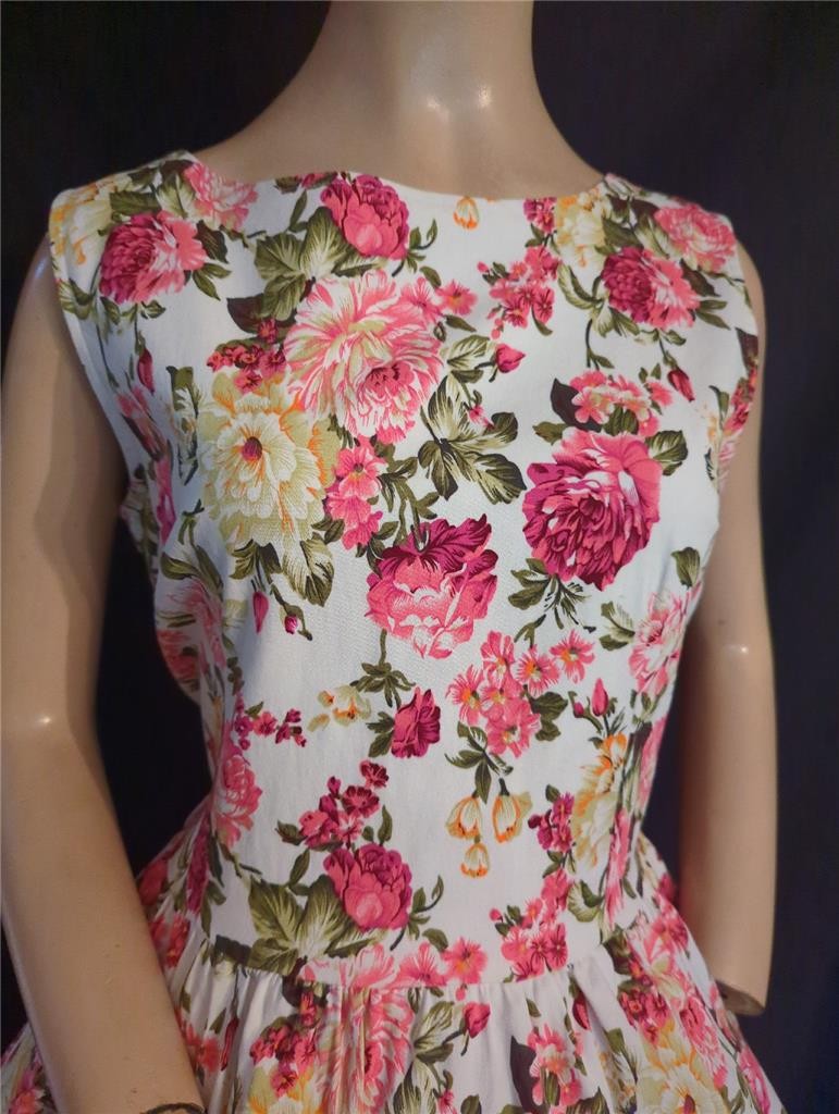 1980&rsquo;s-50&rsquo;s VINTAGE STYLE COTTON BLEND FLORAL LINDY BOP FULL DRESS-38&Prime; BUST