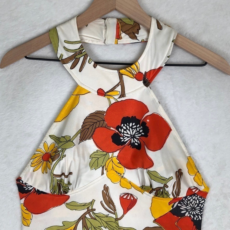 VTG 70s Floral Poppy Open Back Round Neck Halter Maxi Dress Sz S/M White