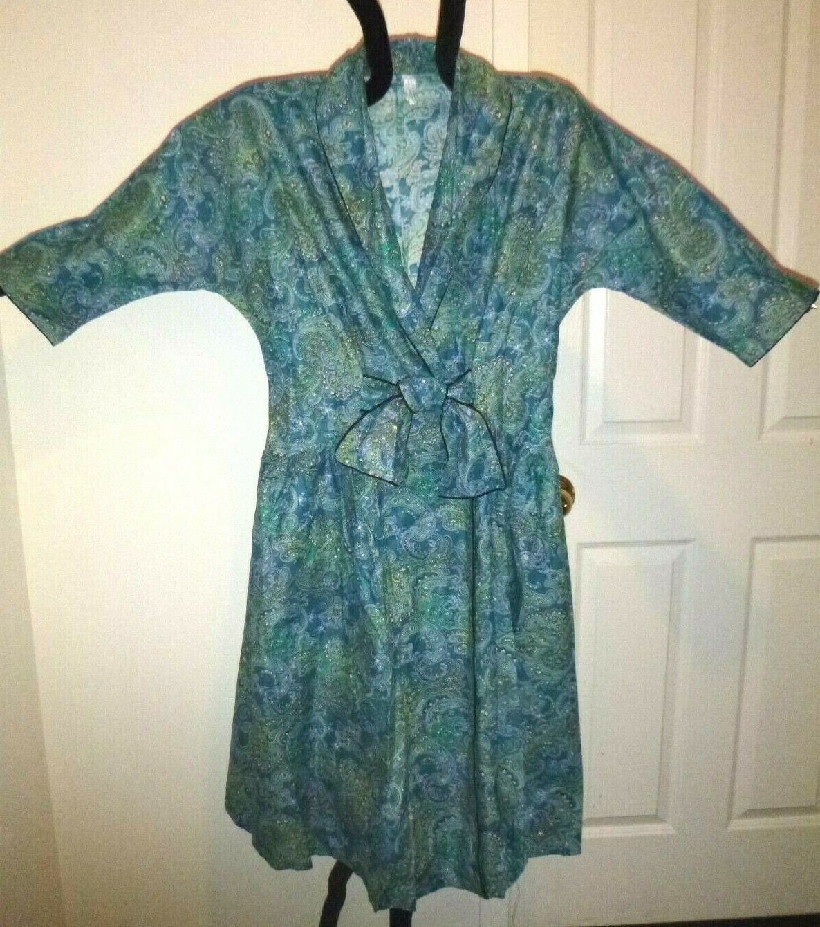 Vtg 50s Random Coat By Shelby Cotton Robe House Coat Teal Green Paisley XL