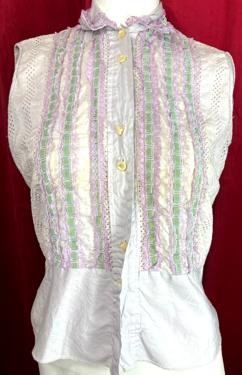 M L Vintage 50s Ruffle Front Bib Sleeveles Top Purple Green