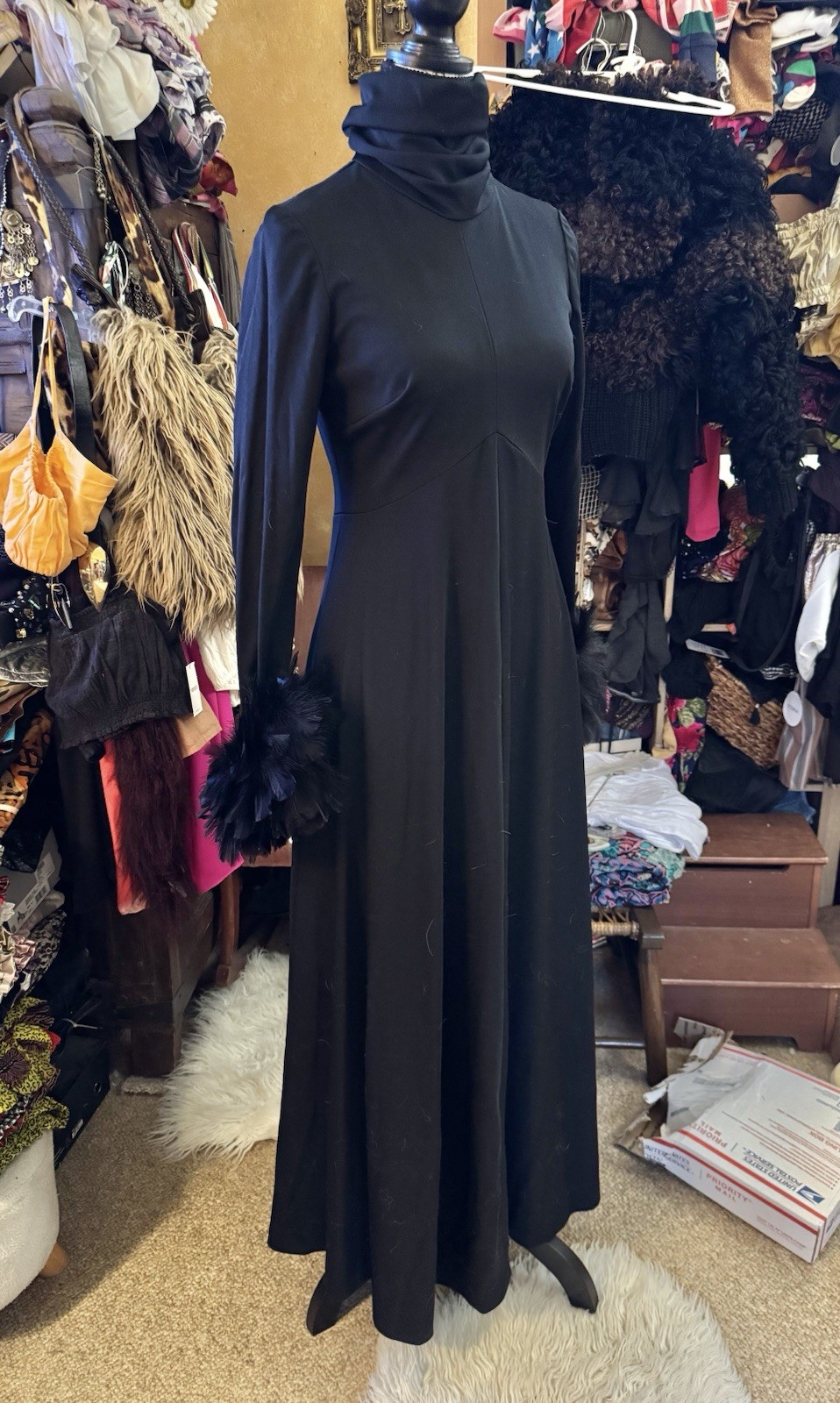 Vtg Joseph Magnin Black Feather Cuff Maxi Dress Goddess Gown Empire 60s 70s S