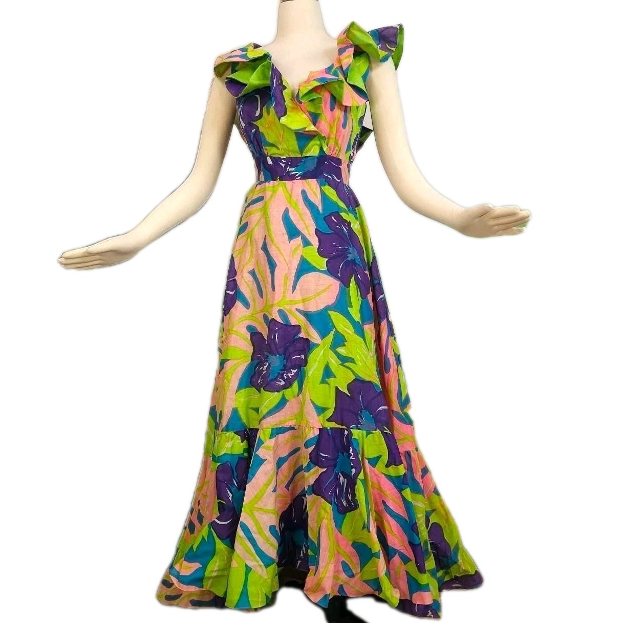 1960&rsquo;s Hawaiian Jamaica Fashion Guild Daphne Logan Hand Print Dress Gown Vintage