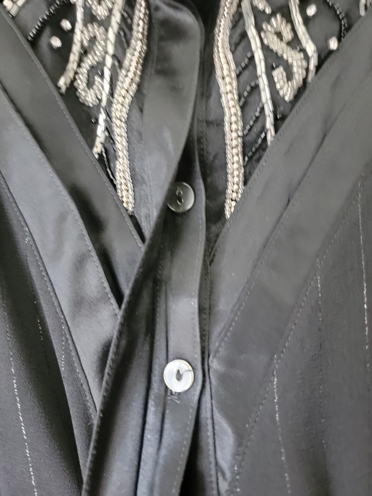 Vintage IIF Black Rhinestone Blouse Bodysuit Small Dressy Old Money Sheer Sleeve