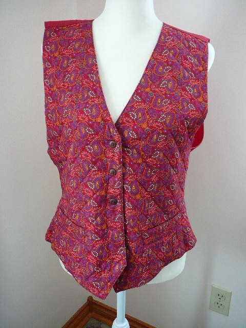 Vintage Liz Sport Paisley Quilted Vest-Red, Purple, Blue, Gold, Green Pockets-M