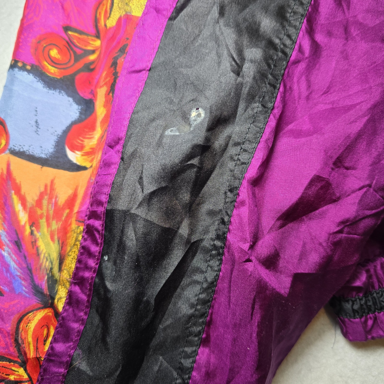 Vtg 90s Silk Bomber Jacket Abstract Geometric Distressed Thrashed Eclectic