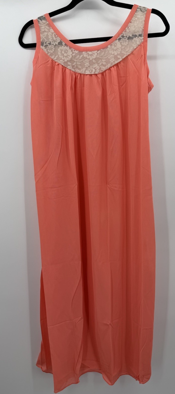 Vintage NOS Nightgown Medium Romantic Full Length Peach Nylon Ivory Lace