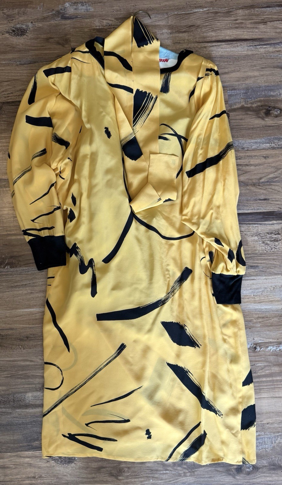 Vintage Flora Kung Silk Dress Yellow Black Abstract Midi Shoulder Pads Sz 10