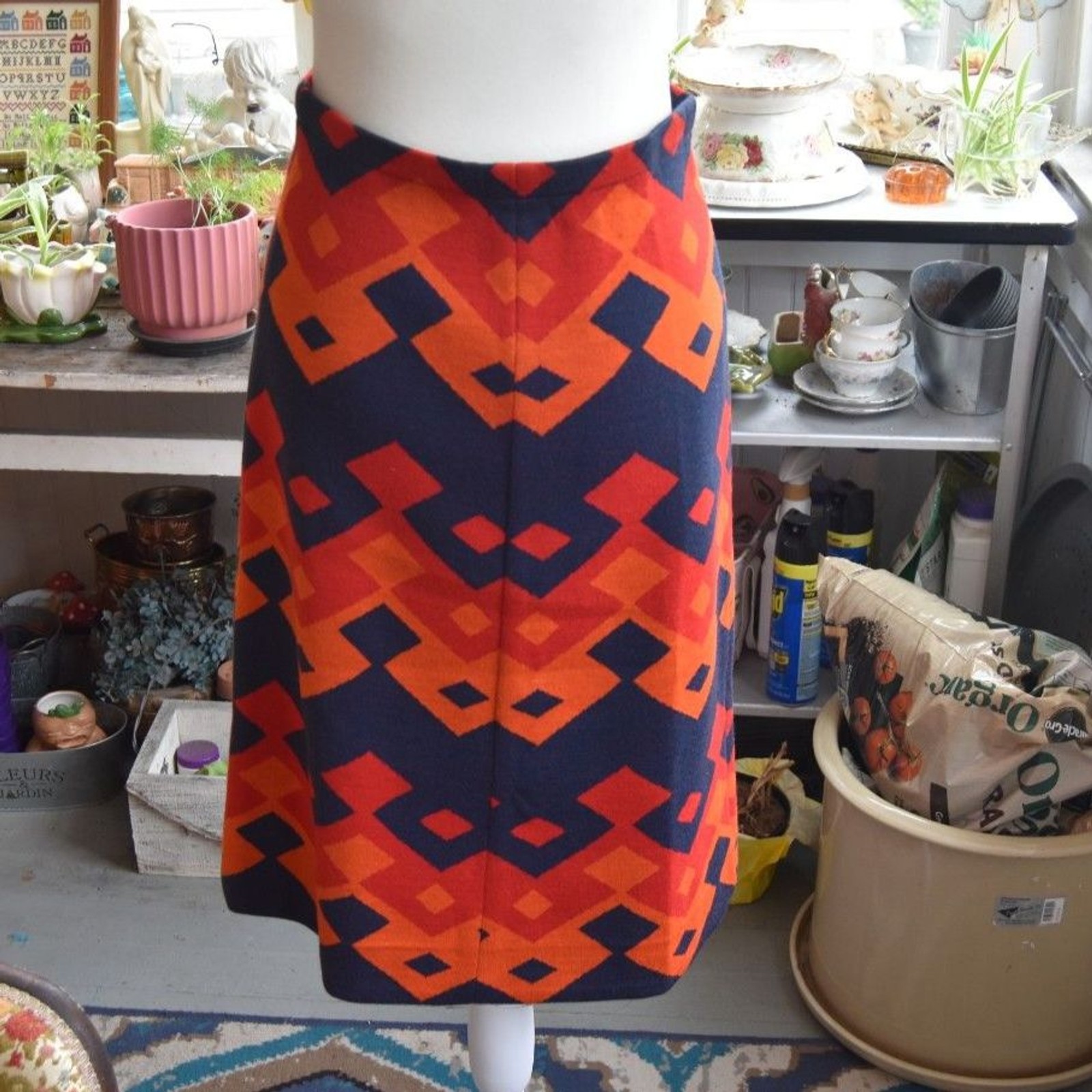 Vintage 70s Mod Geometric Knit Skirt Orange Navy A Line Southwestern Sm-Med