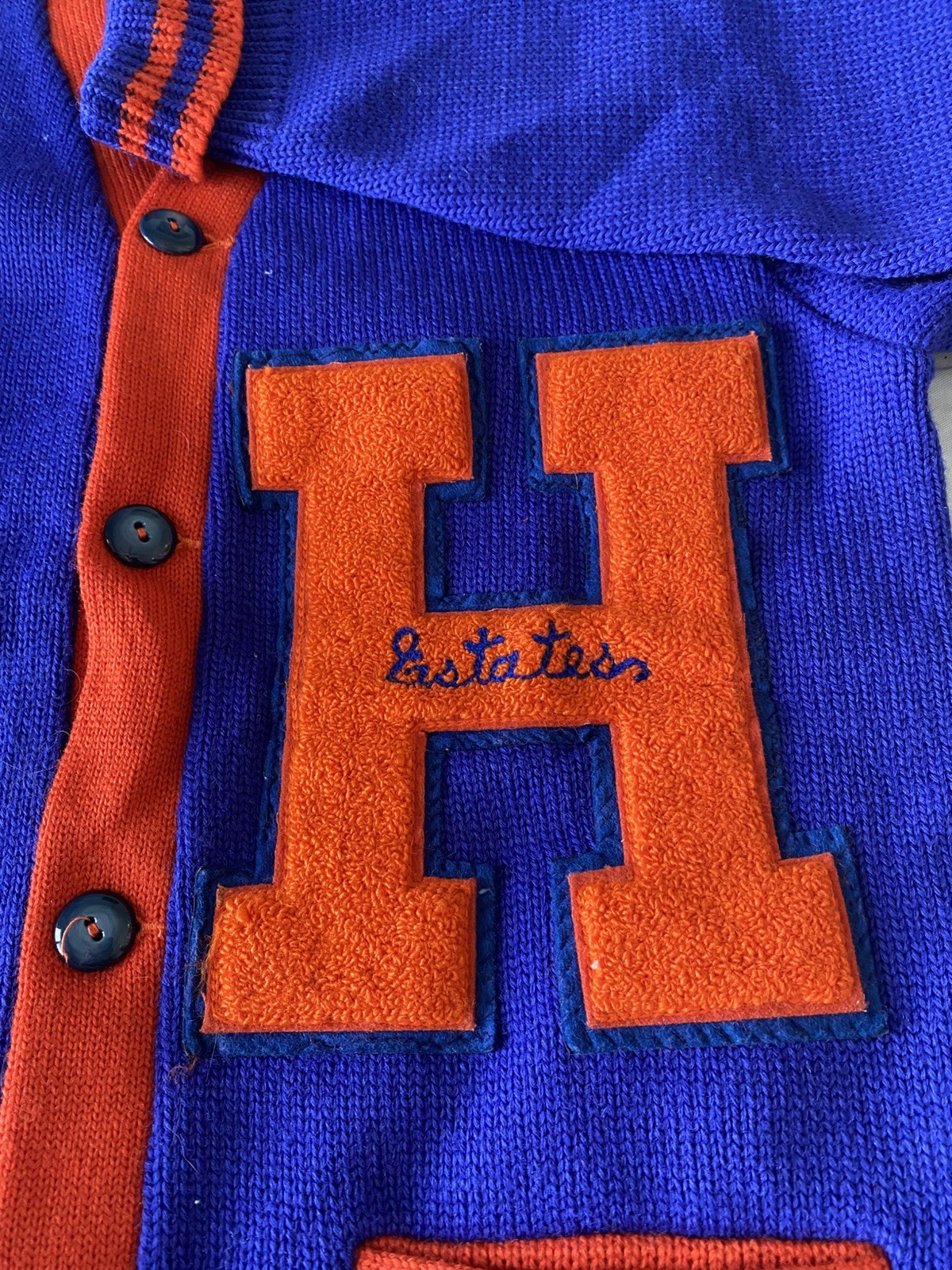 Letter Sweater, blue and orange, 1980s, Hoffman Estates plus letters