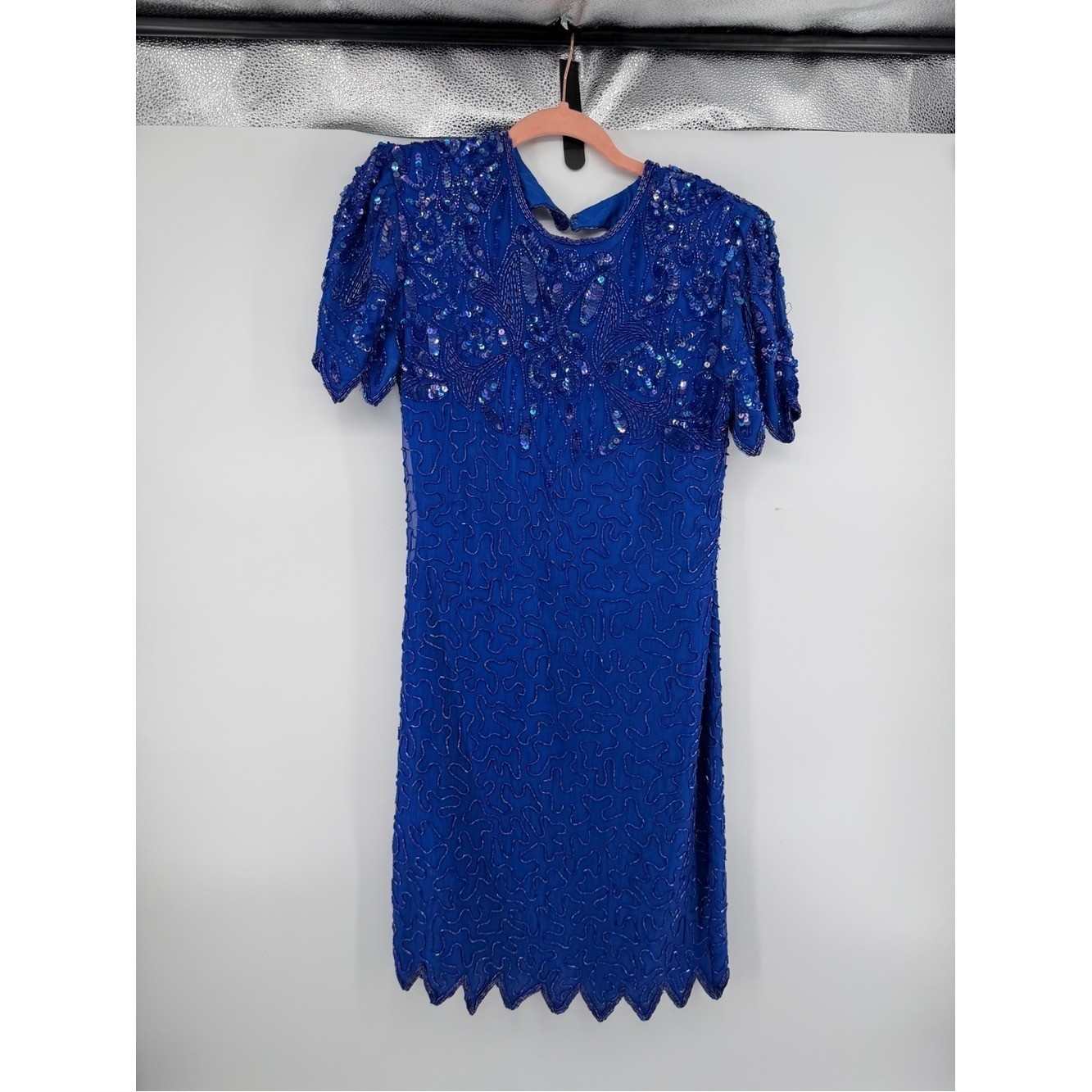 Vtg Sweelo Mob Wife Art Deco Royal Cobalt Blue Beaded Sequin Silk Dress M