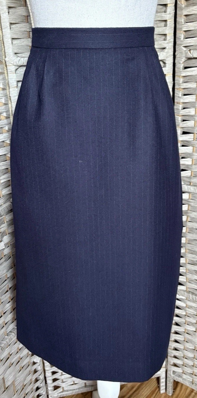 Vintage 1980s Cassidy Navy Pinstripe Mod Secretary Midi Skirt Suit Set Wool SZ 6