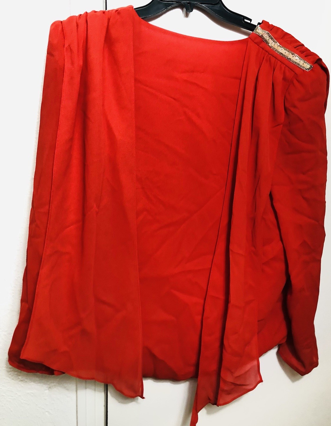 Vintage Lori Max Red Sequins Shoulder Pads V Nick Draped Rear Flowing Scarf Ends