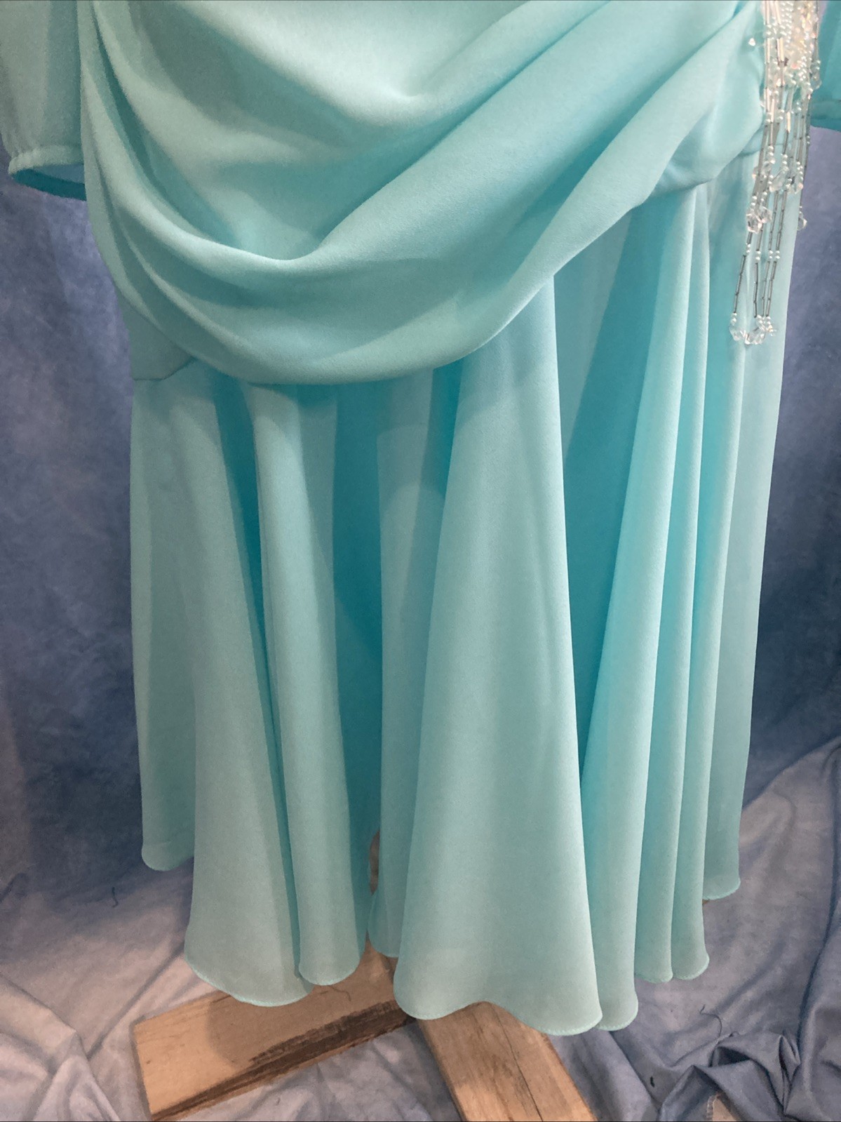 VTG 80s Abby Kent Aqua Mint Beaded Draped Cocktail Dress Ruched Fit Modern Small