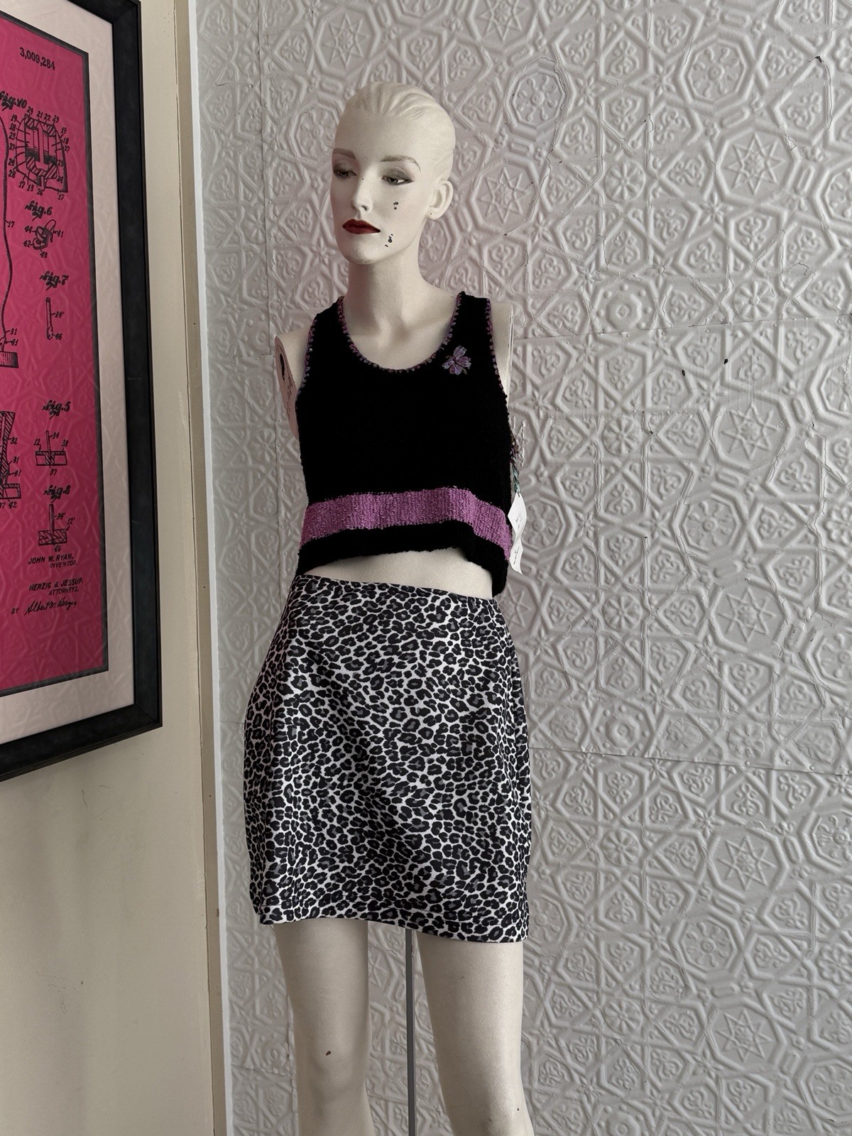 1990s black & white animal print mini skirt-vampy-vintage-USA made stretch-