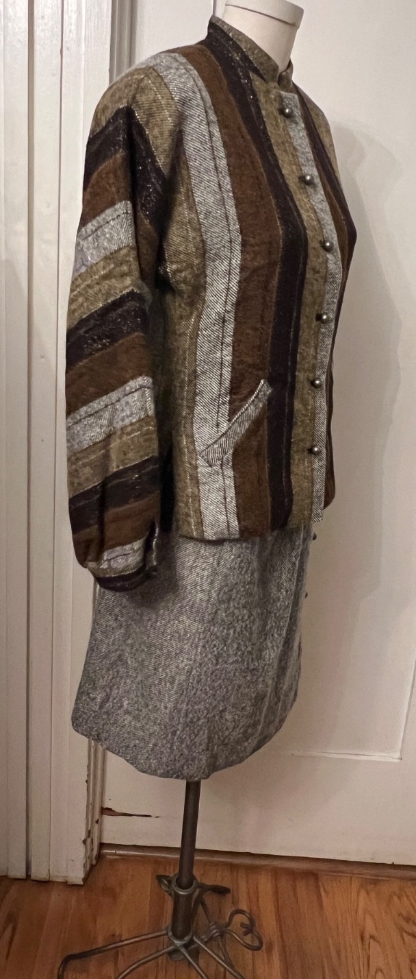 Vintage Ruth Matthews Design Tweed Wool Skirt Suit Black Brown Tan Grey Size 10