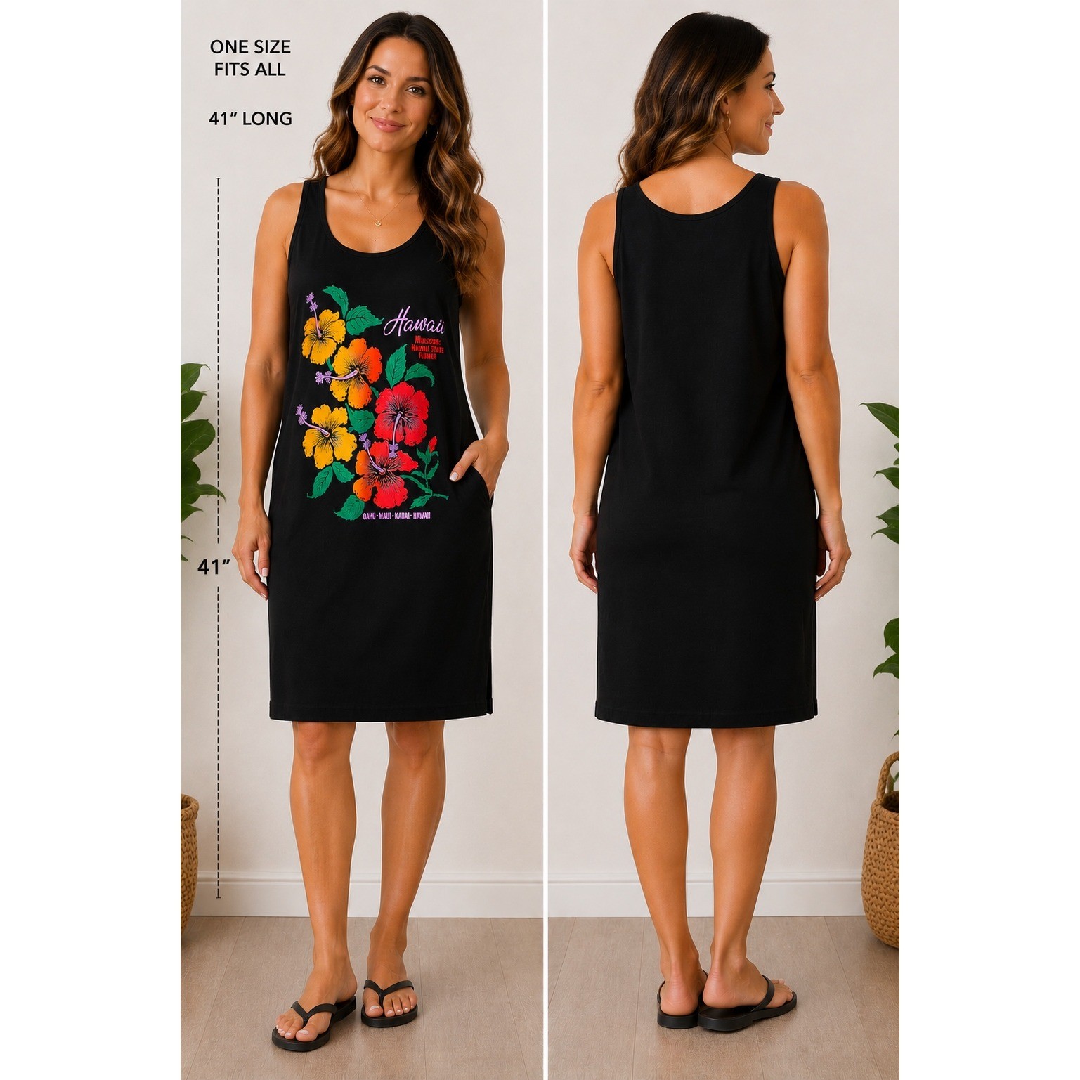 Vintage Anvil Hawaii Hibiscus Floral Graphic Tank Top Dress Black OSFA USA Made