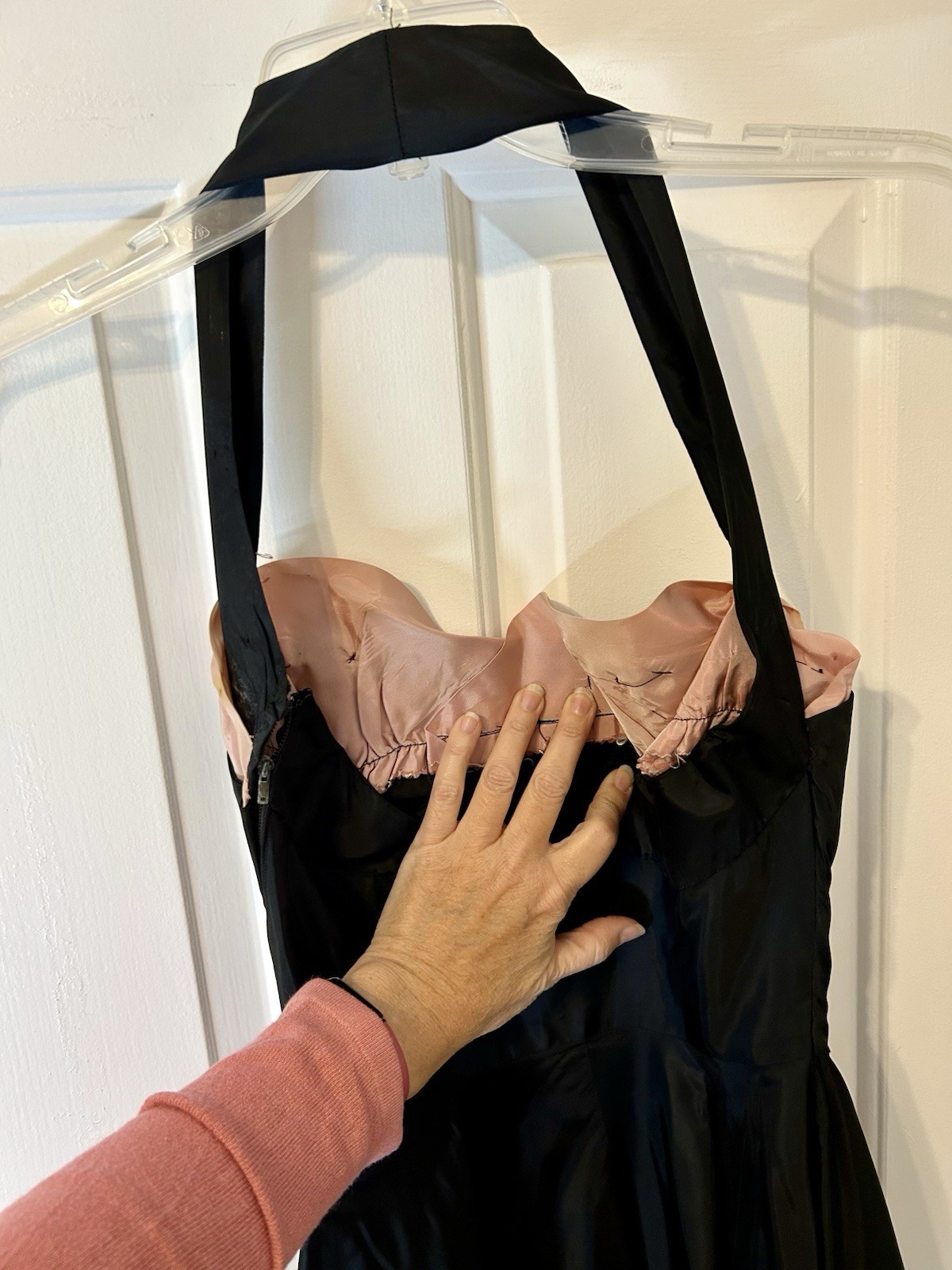 VTG 1950s SZ S Handmade black Satin acetate halter dress Pink Trim NEEDS REPAIRS