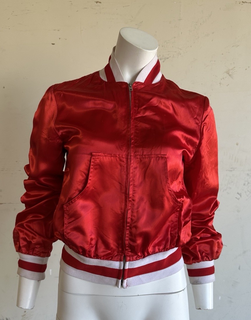 Vintage 70s Red Satin Bomber Jacket Roller Girl Farrah Fawcett Disco 1970s