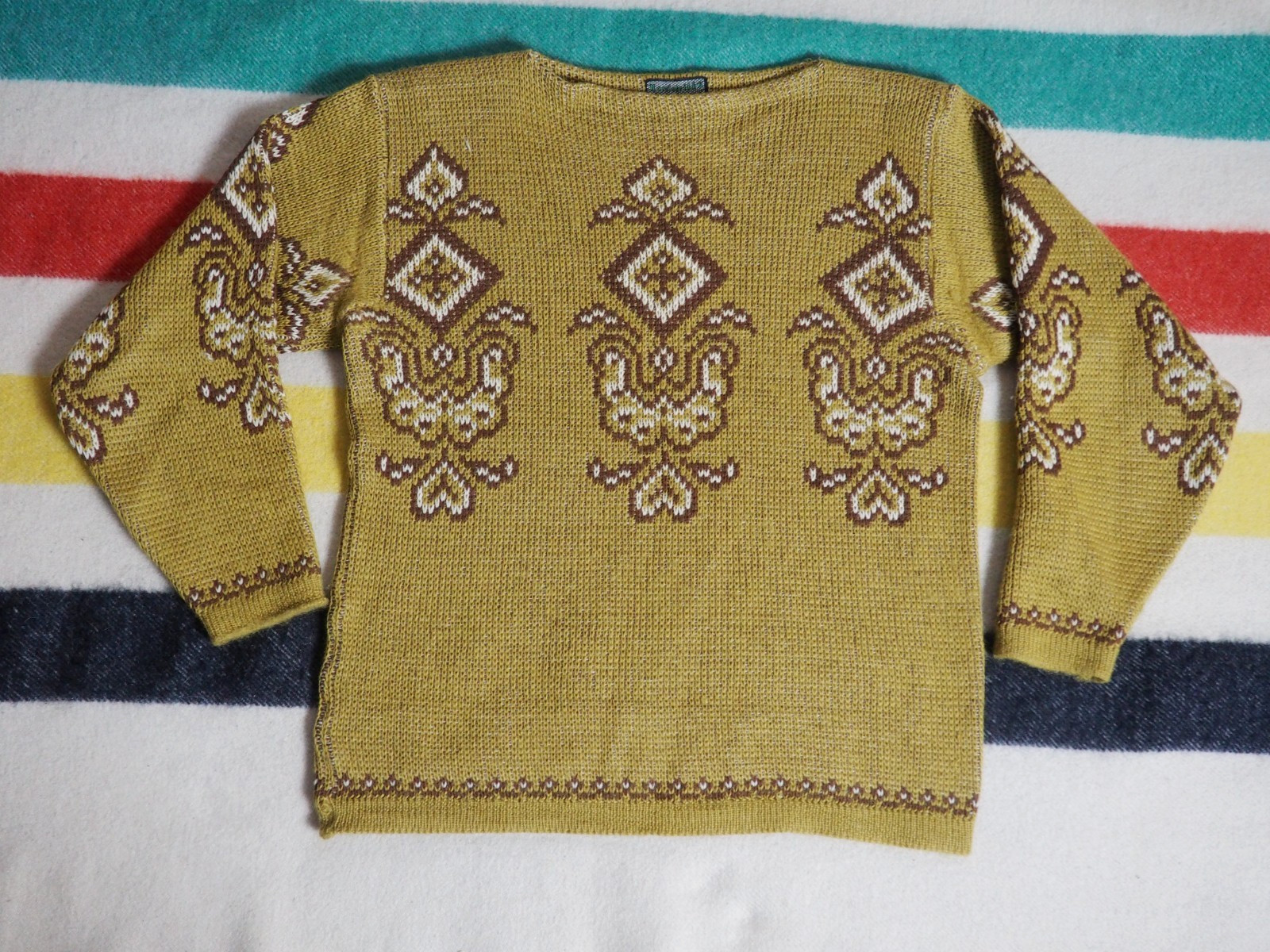 VTG 70s 80s Nordstrikk Nordic Yellow Brown Wool Knit Pullover Sweater Womens L