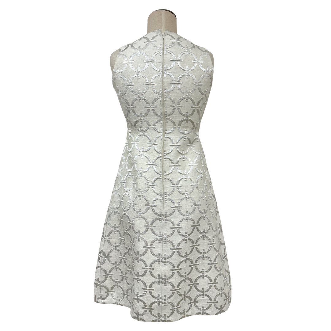 Vintage 1960s Peter Collins Mod White Metallic Brocade Cutout A Line Dress