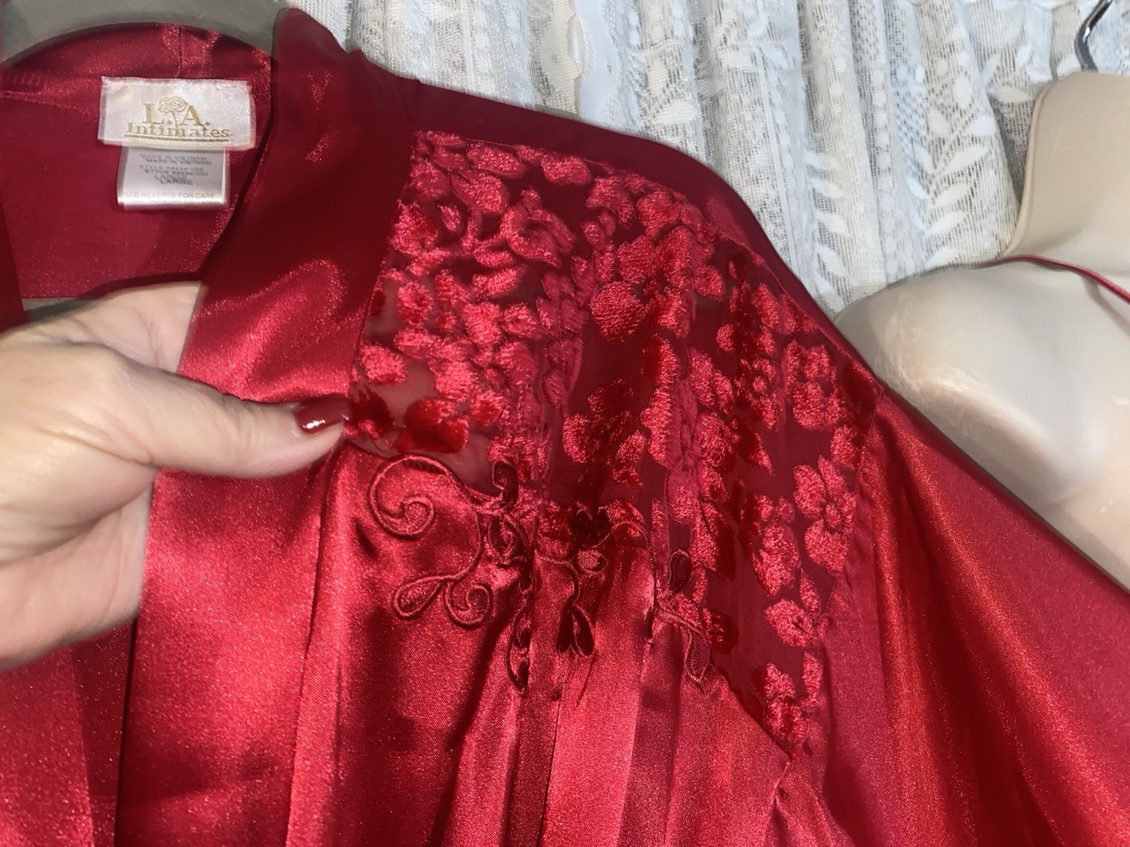 Vtg NWT S M+ CHERRY Red Satin WRAP ILLUSION Babydoll Peignoir Robe Nightgown Set