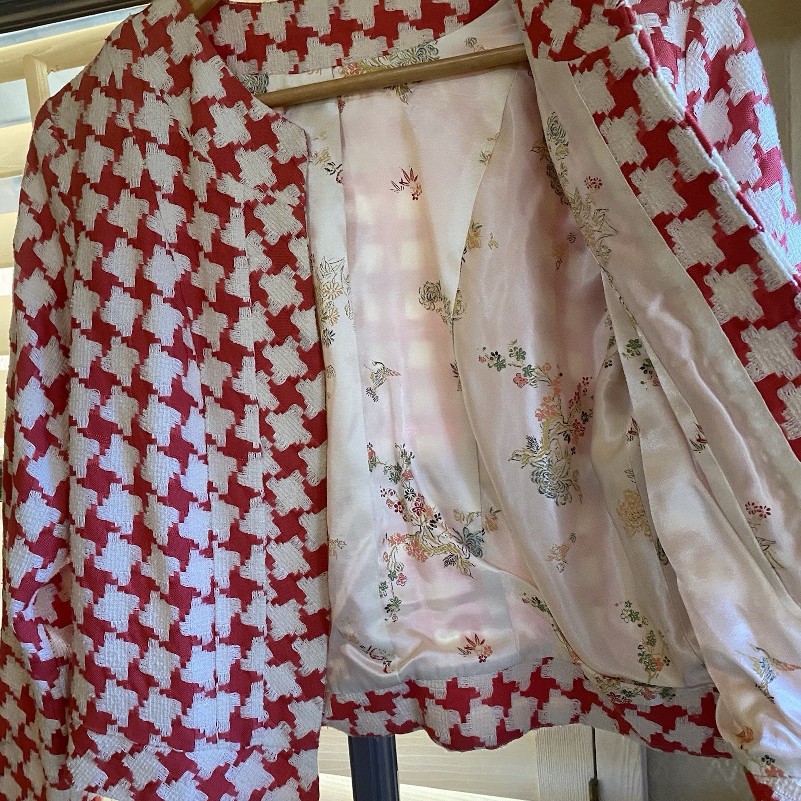 Vintage Handmade Pink Plaid Short Jacket With White Floral Satin Lining