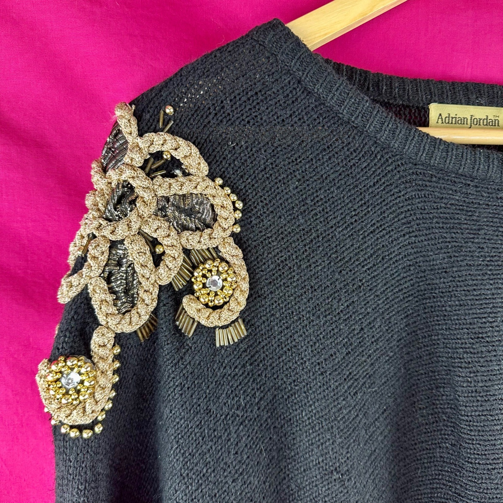 Vintage 80s Beaded Rhinestone Sweater Black Gold Angora Silk Wool NYE Plus 26/28