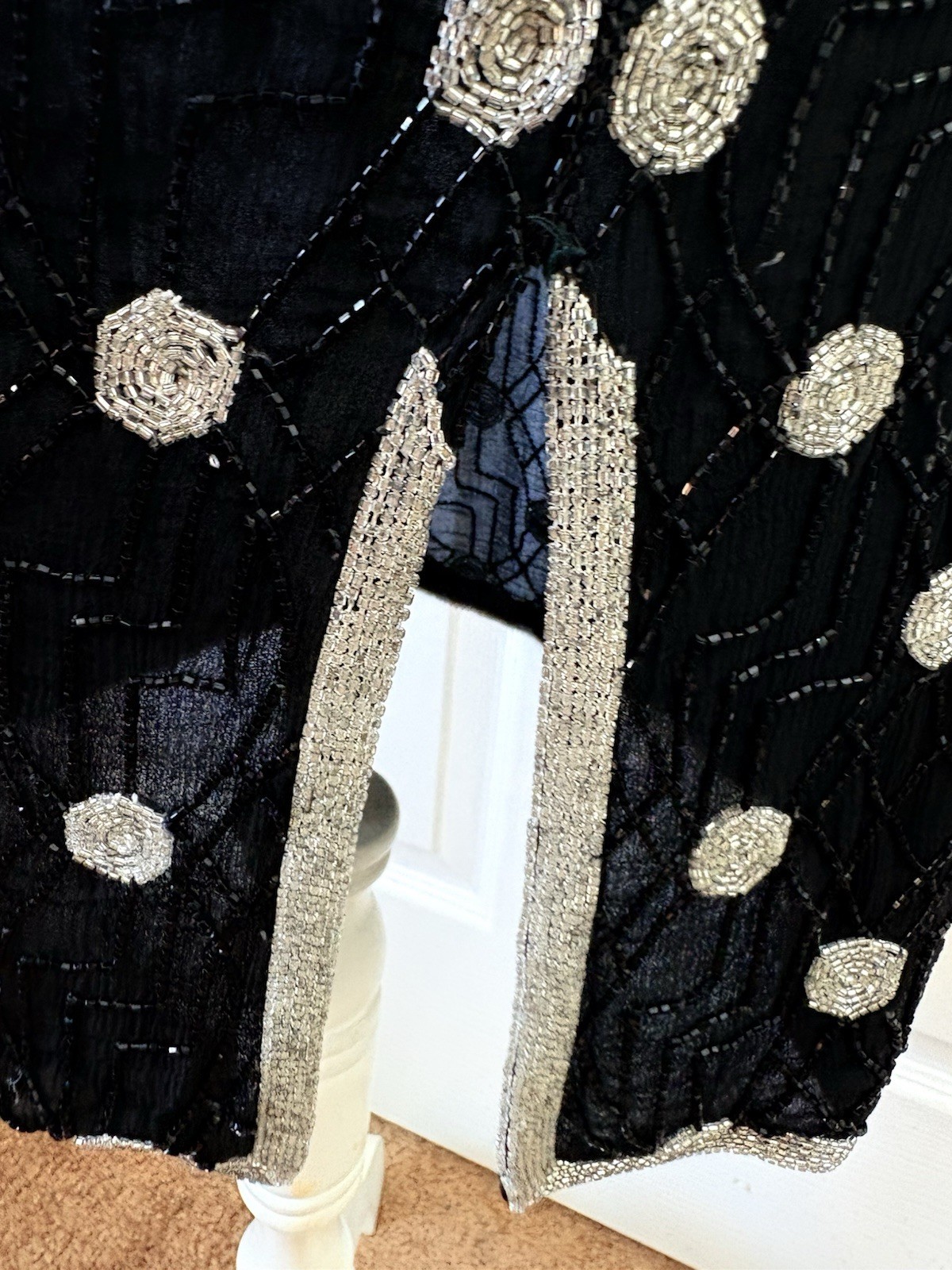 Judith Ann Creations 80s Does 20s 100% Silk Beaded Drop Waist Spider Web Dress M