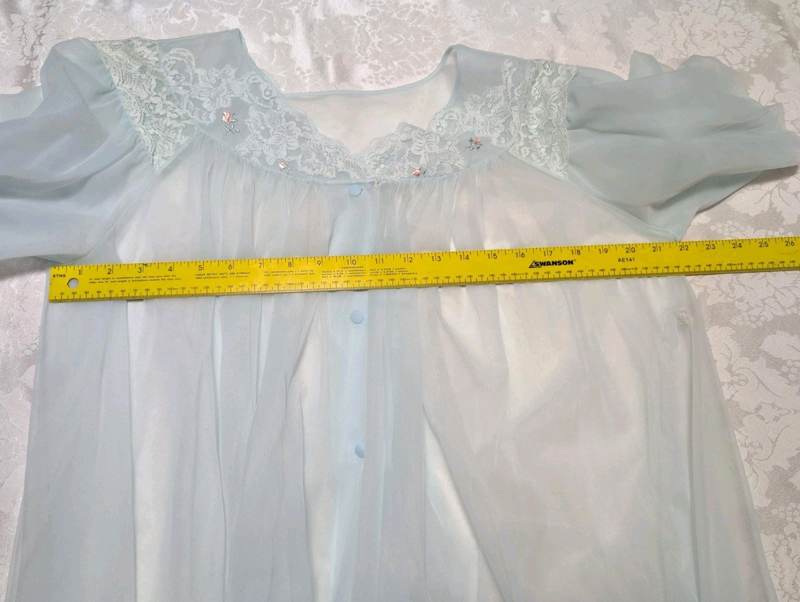 Vtg Shadowline Light Blue Nylon Lace Chiffon Robe Sheer Sz Large
