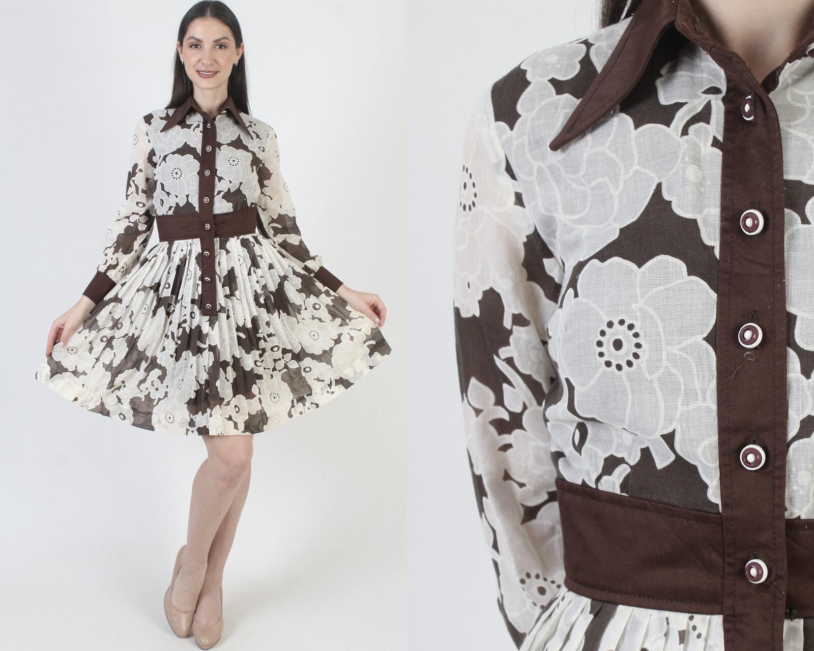 Vtg 60s Dagger Collar Dress White Floral Full Skirt Scooter Mod Cocktail Mini