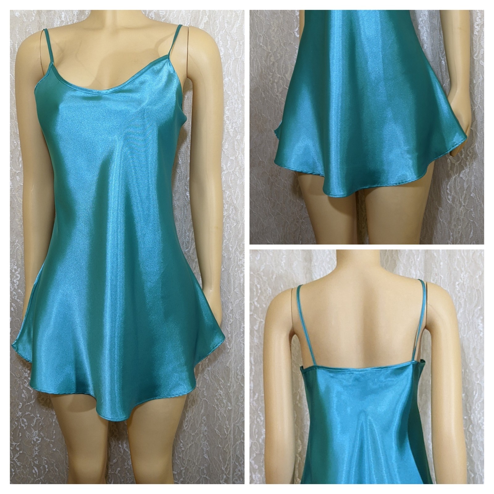 Vintage Satin Chemise Retro Turquoise Lingerie Babydoll Length Nightgown M