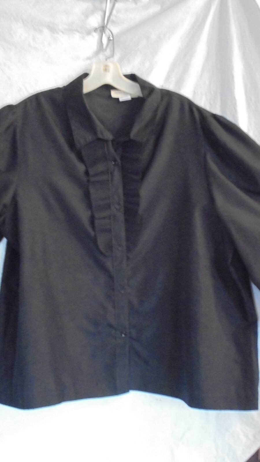 ALSO ANDREA, BLACK BLOUSE/ RUFFLE. SZ 44/24 BUST 50&Prime; DISPLAY MODEL