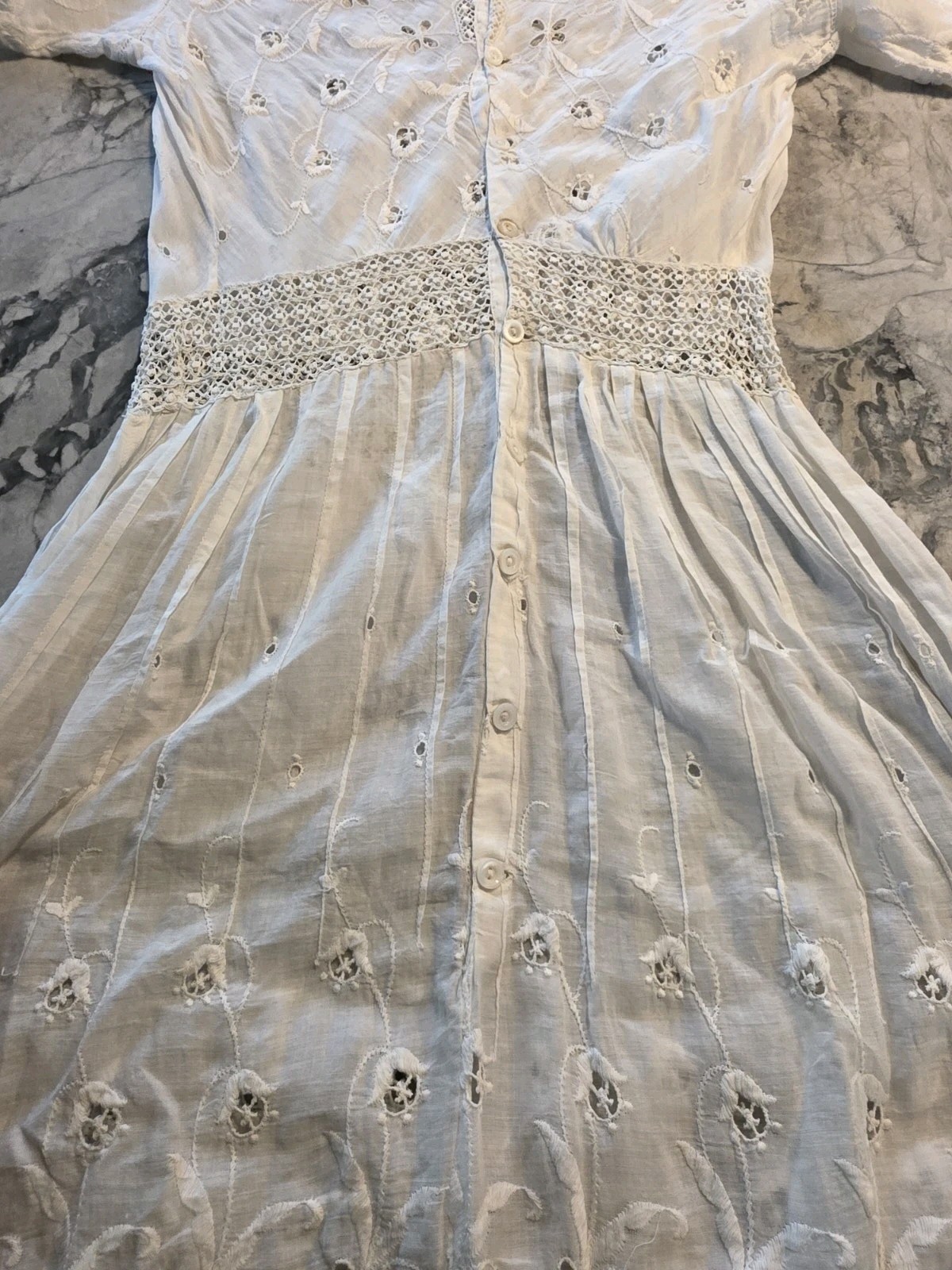 Antique Edwardian White Cotton Lawn Gown Embroidered Eyelet Lace Tea Dress XS