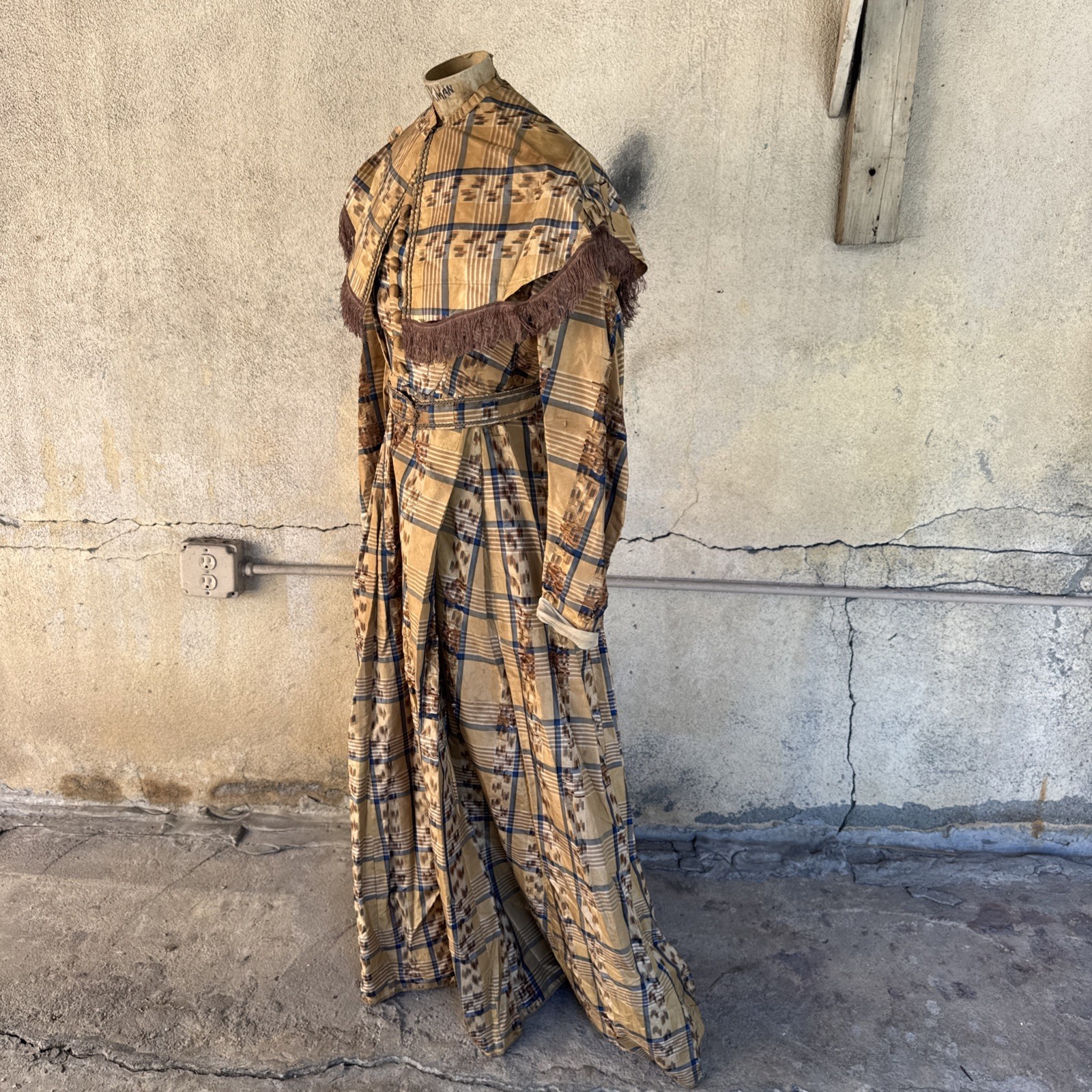Antique Victorian Brown & Blue Plaid Silk Dress & Cape 1860s Vintage