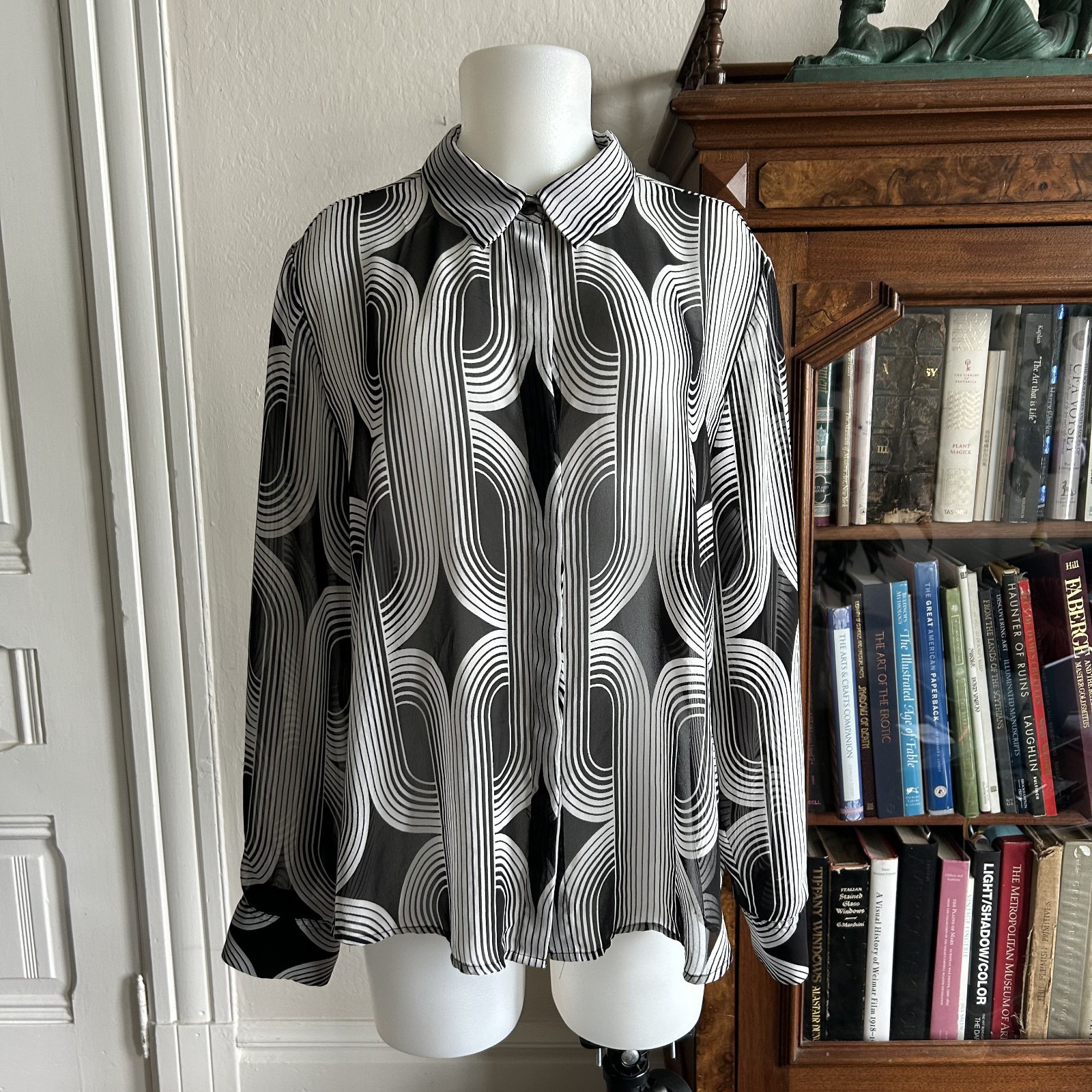 Vintage 1990s Y2k Sheer Black & White Op Art Button Up Blouse Deco Raver Med Lg
