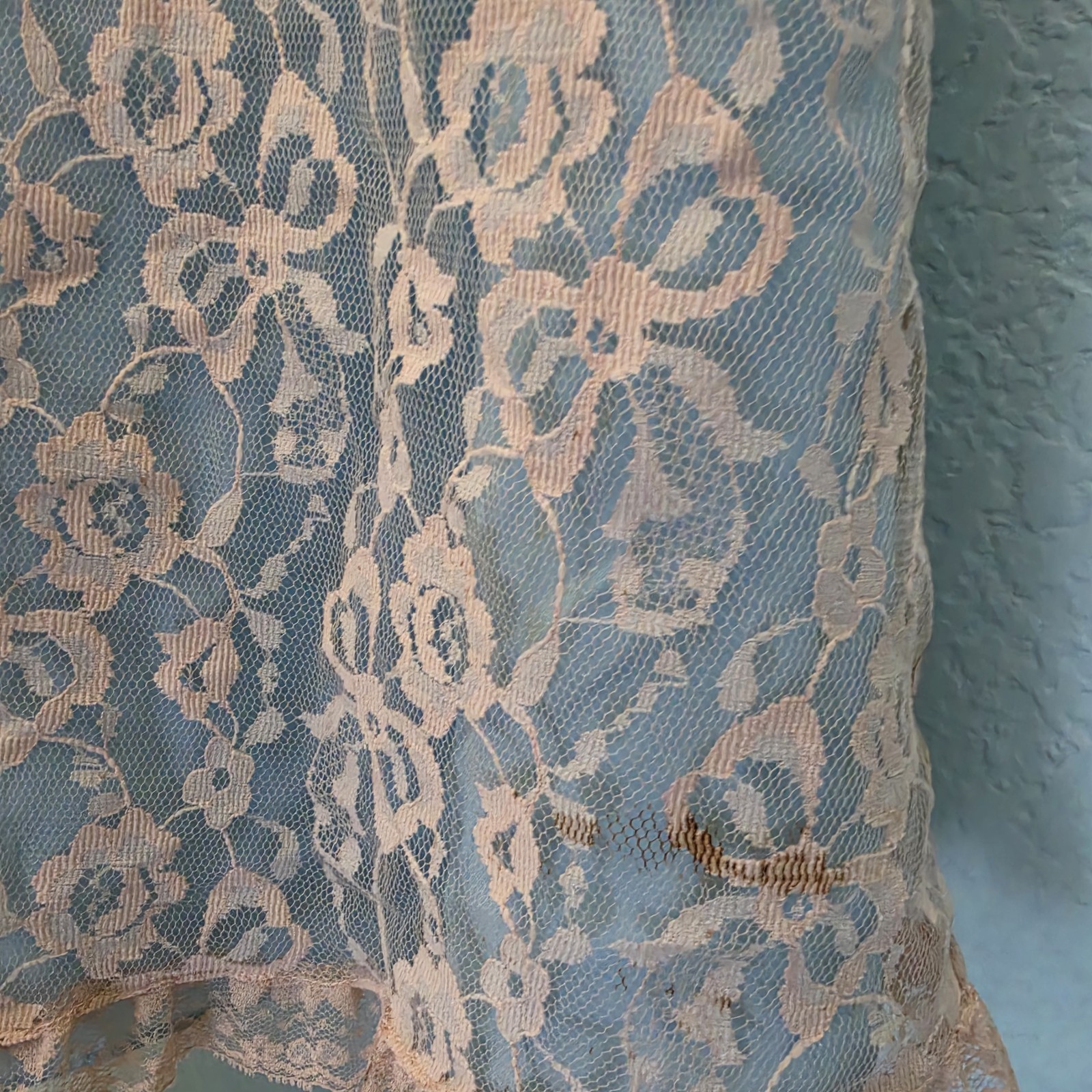 Odette Barsa Vtg Budoir Retro Lace Beige Blue Robe House Coat Dressing Gown Glam