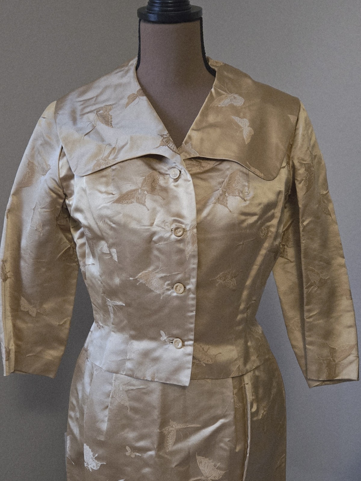 Dynasty Hong Kong Silk Sheath Dress Jacket Butterfly Sz 12 Gold Elegant MCM