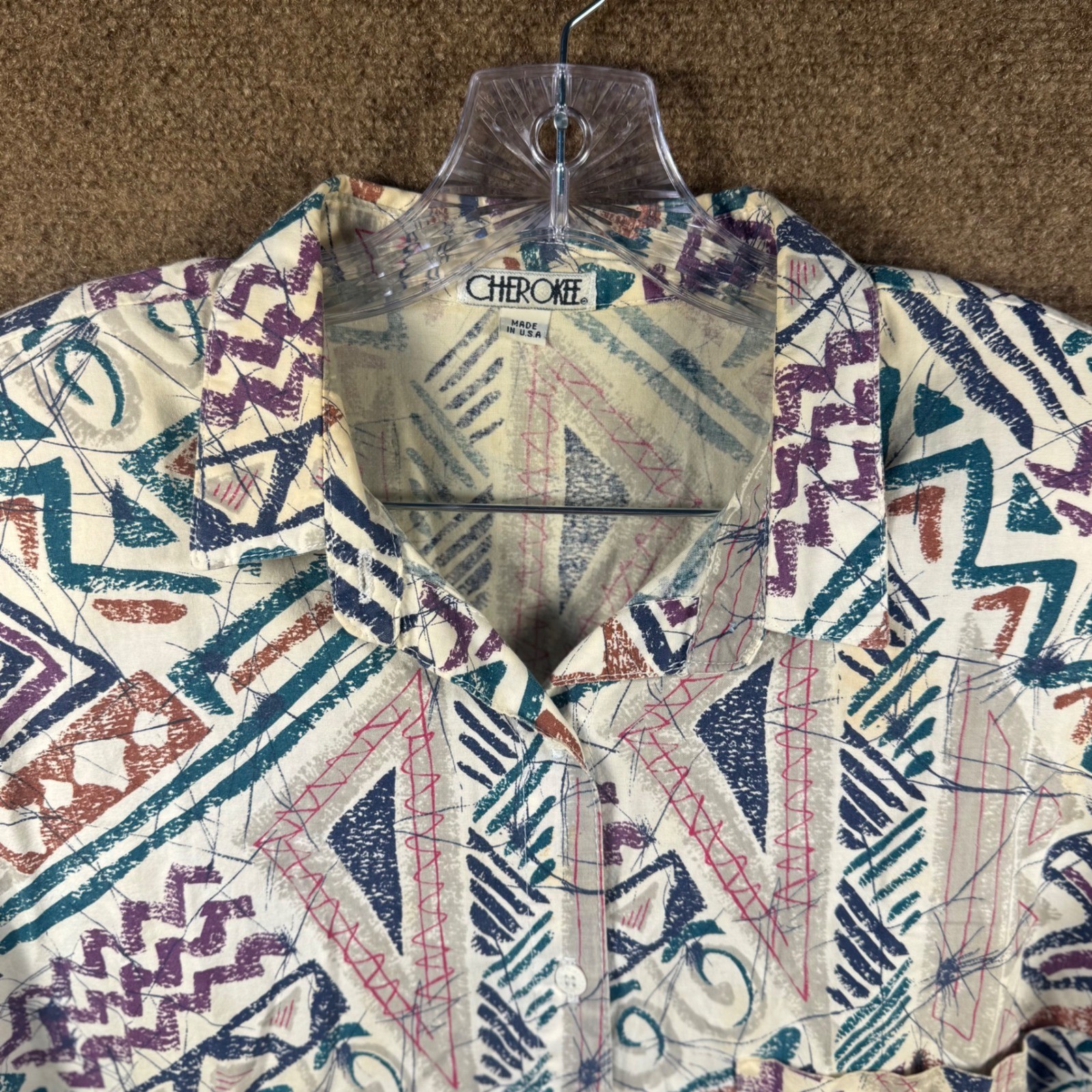 VTG Plus Size Cherokee Shirt Button Abstract XL 2XL 22W Geometric Tribal 90s USA