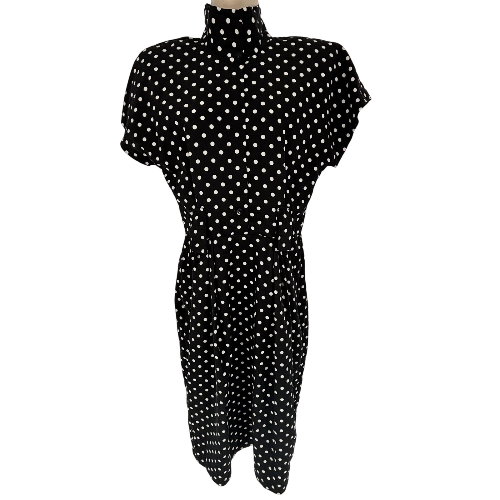Vintage 80s Kristen Polka Dot High Neck Midi Secretary Dress Sz 10