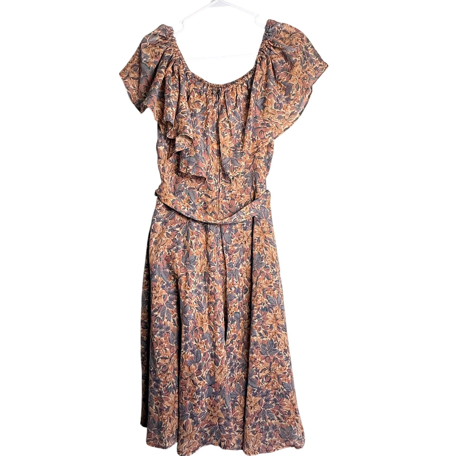 Vintage 70s Samuel Blue Floral Brown Ruffle Midi Dress Small Cottagecore Boho