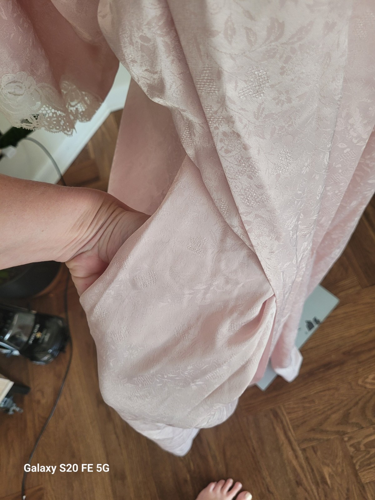 vtg 1980s NWT Christian Dior Pink Satin Feel Jacquard Robe with Lace Details